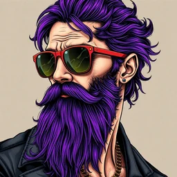 detailed hipster skinny man with sunglasses, long vibrant purple beard, dmt, by james gurney + intricate and vibrant work + portrait + trending on artstation + incredible gothic illustration + exquisite detail
