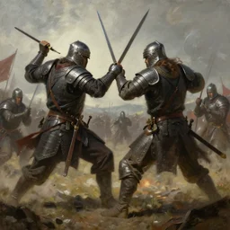 A dramatic painting of two warriors duelling on a battlefield, medieval fantasy, concept art, cinematic, hyper detailed, matte painting, Bayard Wu, Greg Rutkowski, Cedric Peyravernay, Anato Finnstark, artstation, 8k