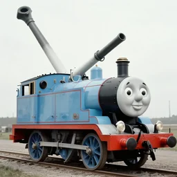WW2 era photograph of a rail artillery with a huge cannon pointed skyward and with Thomas the Tank Engine's face