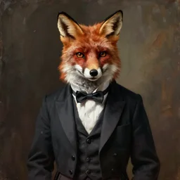 male fox wearing tuxedo, oil painting, victorian era