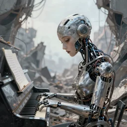 cyborg machine playing the piano among the ruins, wires bare, beautiful face, sad eyes, love, dreamscape, digital painting, concept art, 8 k