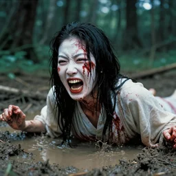 1 9 7 0 s movie still close - up of a bloody white japanese female ghost screaming to death going out of mud puddle, sharp teeth, swamp backround, cinestill 8 0 0 t 3 5 mm eastmancolor, heavy grain, high quality, noir, natural textures, photorealistic, ambient occlusion, hd, ultra wide lens, anamorphic, fade color