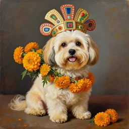 portrait of a cream colored havanese dog dressed as an aztec, with a bouquet of marigolds, mexico, painting by diego rivera realism aztec modernism 1 9 3 5