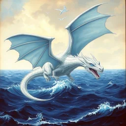 blue eye white dragon, dragon body, wings, dragon head, flying above the ocean, by beksinski