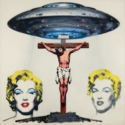 bloody christ crucified and huge ufo in the sky painted by cy twombly and andy warhol