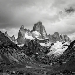 a dramatic black and white photo of a mountain range in Patagonia on a cloudy day by Ansel Adams, epic, 4k, high quality