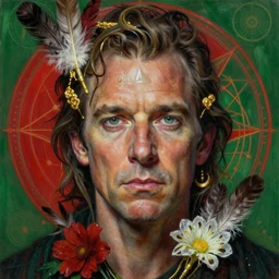 hyper realistic portrait painting of bill murray ( intrincate detail, golden ornaments, feathers ) wet, flowers, by saturno butto, boris vallejo, austin osman spare and david kassan, by bussiere. occult art, occult diagram, red and green color scheme.