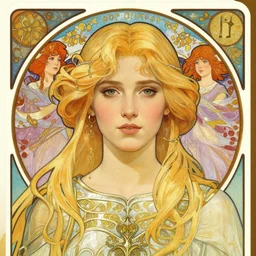 masterpiece head-on symmetrical centered painted portrait, Imogen Poots as Elden Ring paladin, blonde hair, elegant, in the style of Moebius and Mohrbacher and ROSSDRAWS and Ross Tran and Alphonse Mucha and Ayami Kojima, Pixar, tarot card style, Art Nouveau, rich bright colours