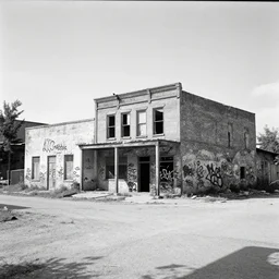 photo of a deserted town centre, run down, vandalised, graffiti, black and white street photography