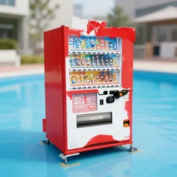 photograph of Japanese vending machine submerged in a public pool, one point perspective, 1-point perspective, tilt shift, sigma 85mm f/1.4, 4k, depth of field, high resolution, 4k, 8k, hd, full color