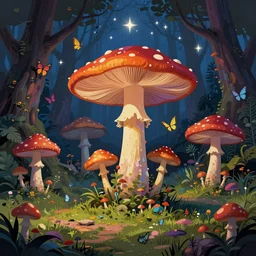 psychedelic mushrooms, enchanted forest, mushrooms on the ground, small fairies, stars in the sky, butterflies, psychedelic, wide angle shot, vector art, fantasy poster by helen huang and frank frazetta and salvador dali