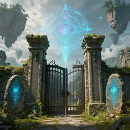 ancient overgrown ruins, medieval gates, nostlagia, mysetrious etherial mesmerizing runic cat eyes, runestones, magical elven geometry, floating islands, high detail