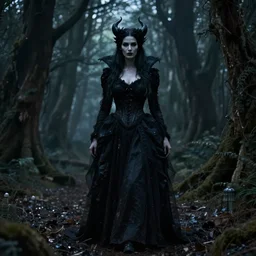 beautiful dark witch in a gloomy horror forest cinematic, realistic, detailed, full body