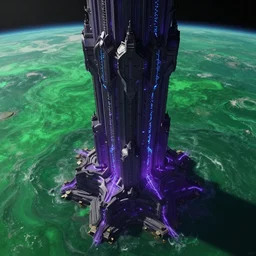 looking from space at green sea and dark purple illusion tower in the back, ornate and intricate, by greg rutkowski, by anton fadeev, by rhads, 4 k, cyber punk style, glowing blue veins, purple glowing wires