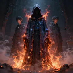 a full body portrait of a mysterious entity with a long hooded cloak made of stars and clouds and fire, by maciej kuciara and jason chan and makoto shinkai and rodney matthews, ominous, auras, smoke, fire, embers, vapor, trending on artstation, ultra detailed, hyper realistic 4 k, volumetric light