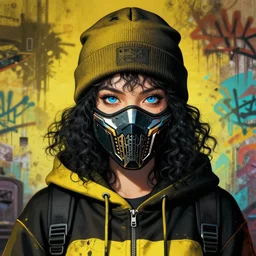 highly detailed portrait of a sewer punk student lady with blue eyes and hoody, beanie hat, mortal kombat cyber ninja face mask, black curly hair by atey ghailan, james gilleard, by joe fenton, by greg rutkowski, by greg tocchini, by kaethe butcher, 4 k resolution, gradient yellow, black, brown and cyan color scheme, grunge aesthetic!!! ( ( dystopian graffiti tag wall in background ) )
