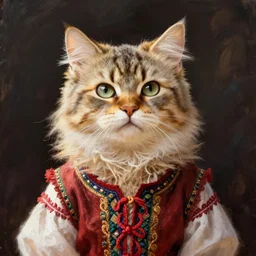 Russian anthropomorphic cat person in folk clothing, fantasy painting