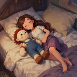 a girl lies on the bed with a ragdoll, characterized by roman shipunov, etienne hebinger, atey ghailan, cgsociety, fantasy art, 2 d game art