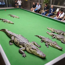 a professional photograph of crocodiles playing petanque, wide angle, 4 k