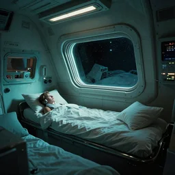 Cozy sleeping quarters interior of a spaceship, teal lighting, cozy lighting, space seen outside from a window, by Syd Mead, John Harris, Federico Pelat