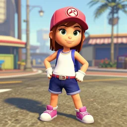 Vanellope von Schweetz in the Cayo Perico Heist in GTA. In game capture. 3D Render