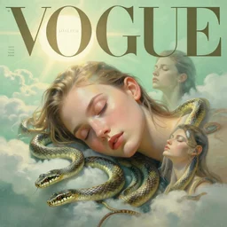 3 d, sci - fi, morning, sleepy fashion model face, sun, cinematic, clouds, sun rays, vogue cover style, poster art, light green mood, snakes, realistic painting, intricate oil painting, high detail, figurative art, multiple exposure, poster art, 3 d, by tooth wu and wlop and beeple and greg rutkowski