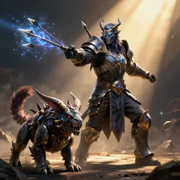 a armored night elf hunter casting magic arrows with ravager wow pet lord dramatic lighting cinematic establishing shot extremely high detail foto realistic cinematic lighting post processed