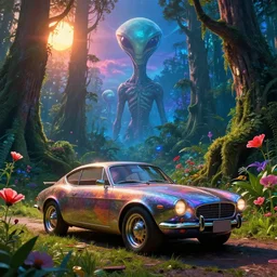 a beautiful photorealistic render of nature car by ralph mcquarrie, poppy rainforest nightsky morning sun forest alien tokyo uv light nature scumm bar retrowave magic realism synthwave assassin's creed bioshock atlantis, archdaily, wallpaper, highly detailed, trending on artstation.