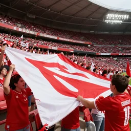 football fans making tifo in stadium, red and white,