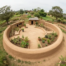 fisheye photo of a permaculture homestead with an clay earthship