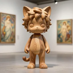 octane render ultra photorealistic hyper detailed, wooden sculpture on feet art toys, a very very cute mystical statue cyber of the roman god natural with cats ears, trending on cgsociety, in a contemporary art gallery by alphonse mucha