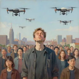 crt drones fly above, detailed painting of a man standing in a city with his eyes open but everyone else has their eyes closed