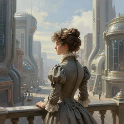 portrait of a victorian lady in a futuristic city, from behind, streets, beautiful, fully open sky, side buildings, highly detailed, digital painting