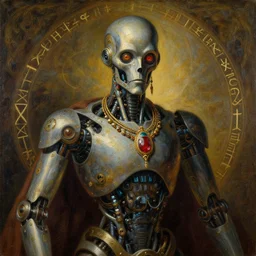 portrait of a mechanical robot wizard, jewellery, biomechanical lovecraft golem, runes, painting by greg rutkowski and gustave dore