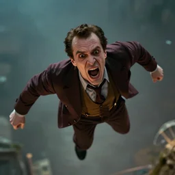 Movie still, the horrified villain yells in horror as he falls towards the ground from a great height, cinematic, dramatic lighting, depth of field, ultra high resolution