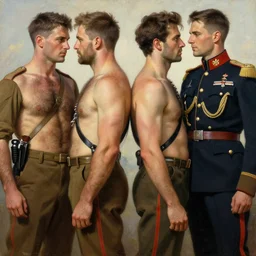a homoerotic symmetrical painting by tom of finland, clyde aspevig, greg rutkowski, gaston bussiere, j. c. leyendecker of attractive hairy soldier and handsome general, they are in love standing back to back | bandoliers, shirtless, military pants | natural lighting, highly detailed, high quality, trending on artstation