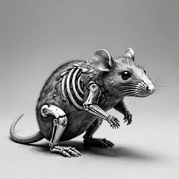 mechanical skeleton rat, sculpture, linocut, trending on artstation, monochrome