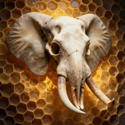 undead elephant skull with tusks, studio portrait, honeycomb structure background, intricate detail, high precision, glowing light, whealan,