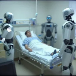 a man being hospitalized by robots, by mini dv camera, very very low quality, heavy grain, very blurry, accidental flash, webcam footage, found footage, security cam, caught on trail cam