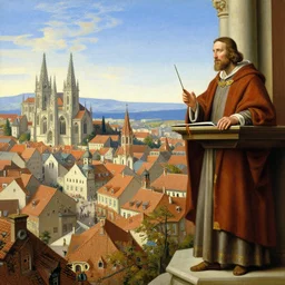 realistic renaissance cityscape in 1 6 0 0, realistic painting of professor x from x - men movie as paus paulus in pulpit, fine art, trending on artstation, smooth draw, sharp focus, digital art, bright colors.