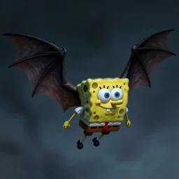 sponge bob as batcreature, night, wide shot, sinister, concept art, horror, body is covered in short fur, he has oversized batwings, he flies, realistic shaded, airbrushed, realistic, artstation, art by michael whelan