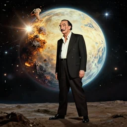 the full body shot of very arrogant salvador dali in the role of emperor of universe looking at the exploded planet | still frame from the prometheus movie by ridley scott with cinematogrophy of christopher doyle and art direction by hans giger, anamorphic bokeh and lens flares, 8 k, higly detailed masterpiece
