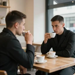 special forces soldiers in black suits sitting at the cafe and drinking coffee