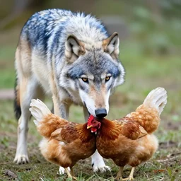 a blue wolf eating a red chicken