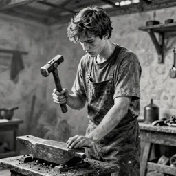 film still of youthful charlie day, working as blacksmith, charcoal sketch, greyscale, holding hammer, style of blvnk
