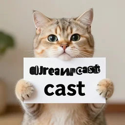 realistic high quality photo of a cute cat holding a sign with text that reads : dream cast, cast