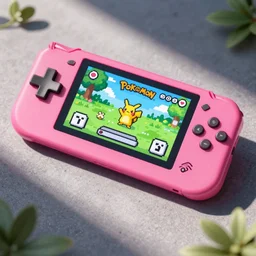 handheld game console, hotpink, playing pocket monster game, pixel art