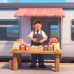 a vendor selling goodies on the train, designed by peter andrew jones and pixar, photorealistic, 3 d render, award winning render, unreal engine, octane render, studio lighting, 8 k, hd