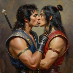 kotal khan and quan chi from mortal kombat kissing, love wins, beautiful oil painting