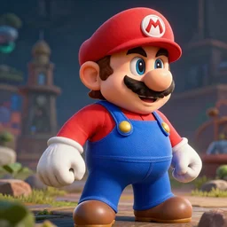 hyper - realistic + photorealistic render with very extreme intricate details, of mario from super + mario + odyssey in the style of final + fantasy 1 5, digital game - art by ross tran, movie composition by sana takeda, dramatic cinematic lighting by greg rutkowski